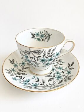 1950s Tuscan England Bone China Footed Teacup Saucer Teal Floral Gold Trim VTG